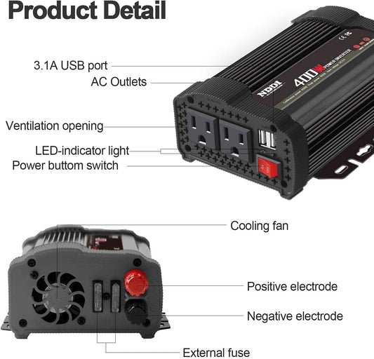 400W Car Power Inverter DC 12V to 110V AC with Dual USB Ports & Cigarette Lighter - PREMA TIME - Prema Time