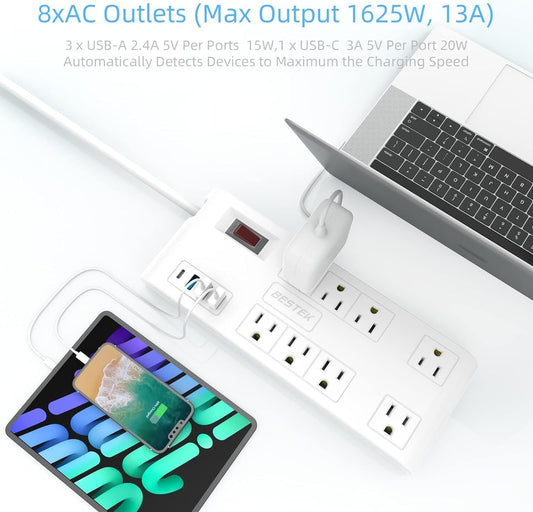 BESTEK 8 outlet power strip with USB-A & USB-C ports, 5ft extension cord, 1625W output, 600J surge protection for home