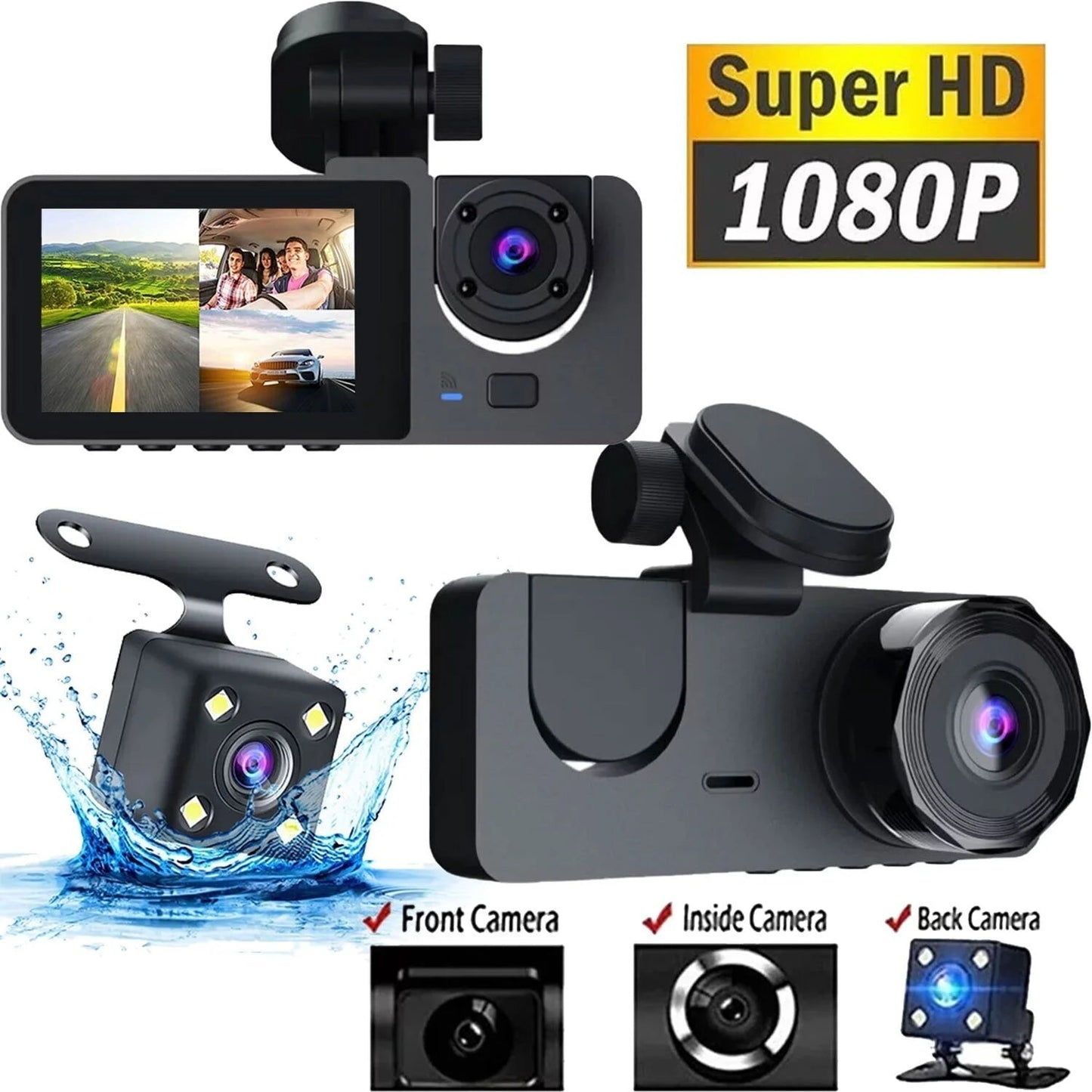 Wuketin 1080P 3 Channel Dash Cam Front Rear Inside Night Vision 32GB SD Card - PREMA TIME - Prema Time
