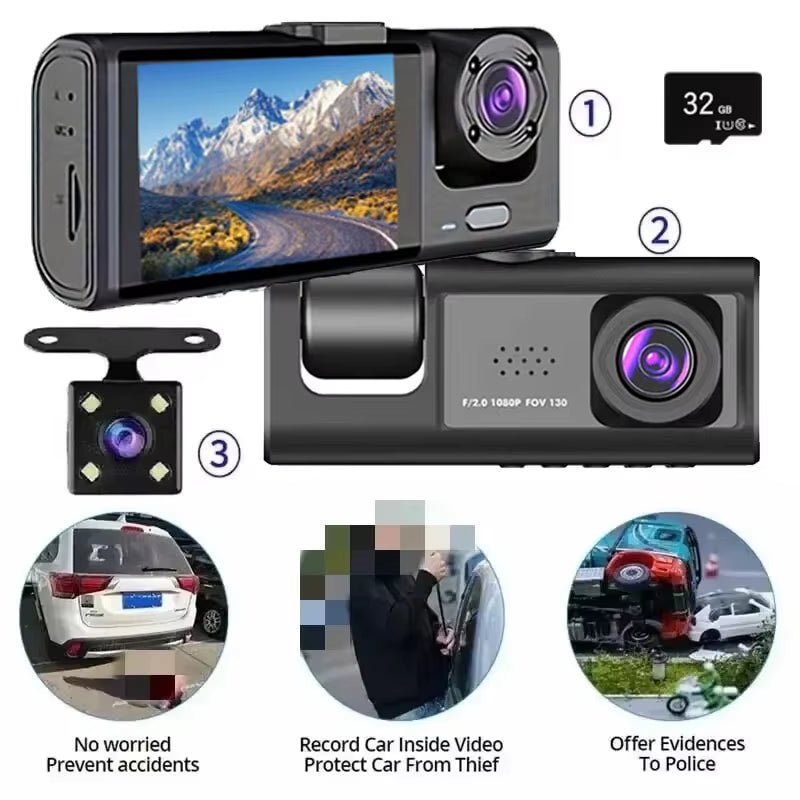 Premier 3-Camera Dash Cam with IR Night Vision & Loop Recording - Prema Time