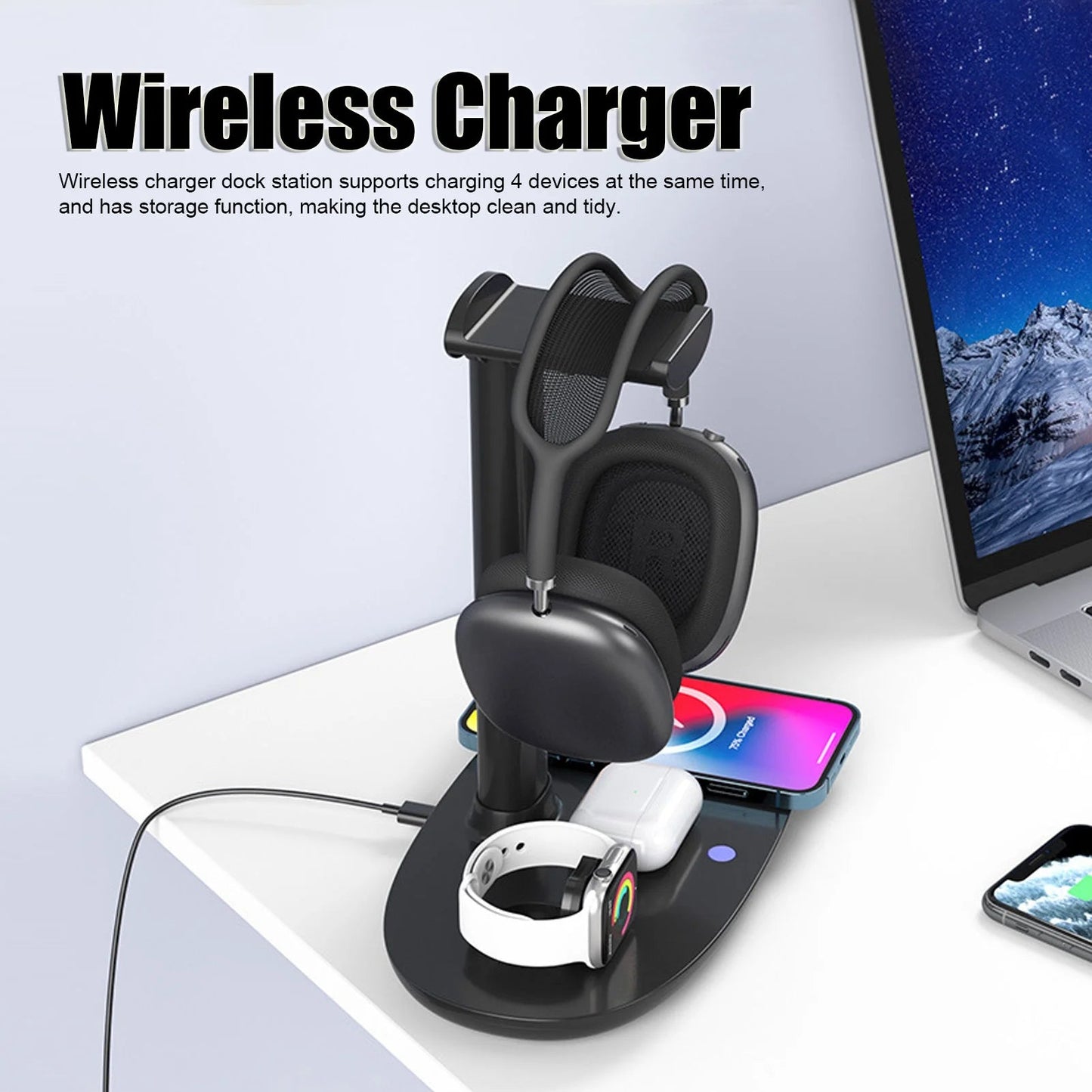 4 in 1 Wireless Charger 15W Fast Charging Station with Headphone Stand - PREMA TIME - Prema Time