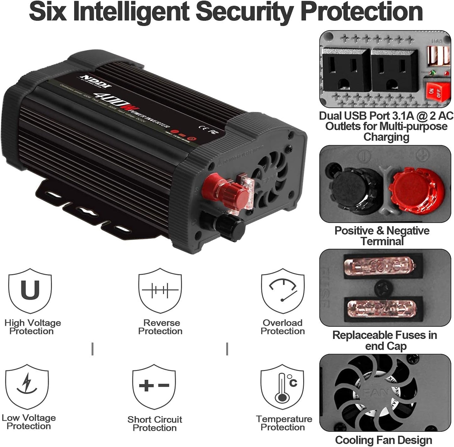 400W Car Power Inverter DC 12V to 110V AC with Dual USB Ports & Cigarette Lighter - PREMA TIME - Prema Time