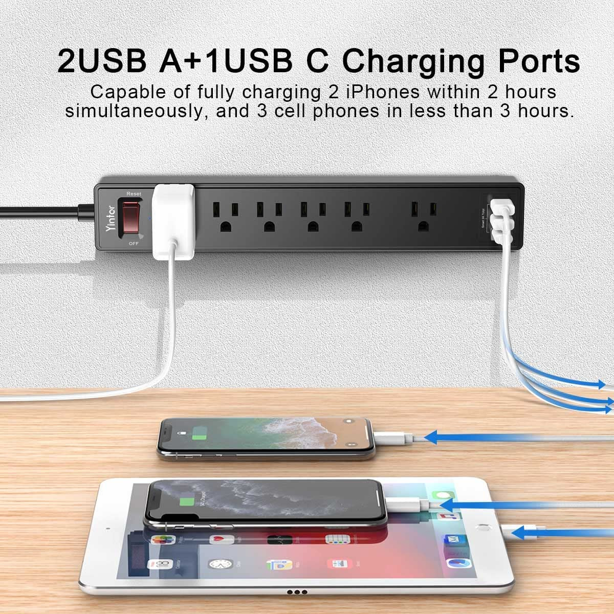 6Ft Power Strip Surge Protector with 6 AC Outlets and 3 USB Ports - Black - PREMA TIME