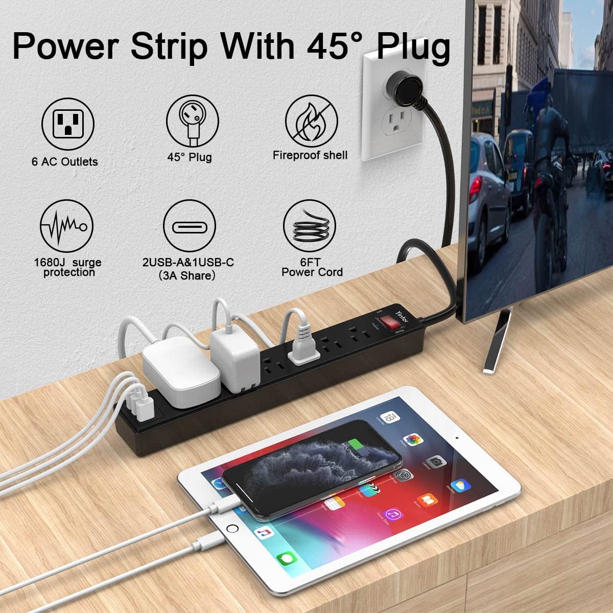 6Ft Power Strip Surge Protector with 6 AC Outlets and 3 USB Ports - Black - PREMA TIME