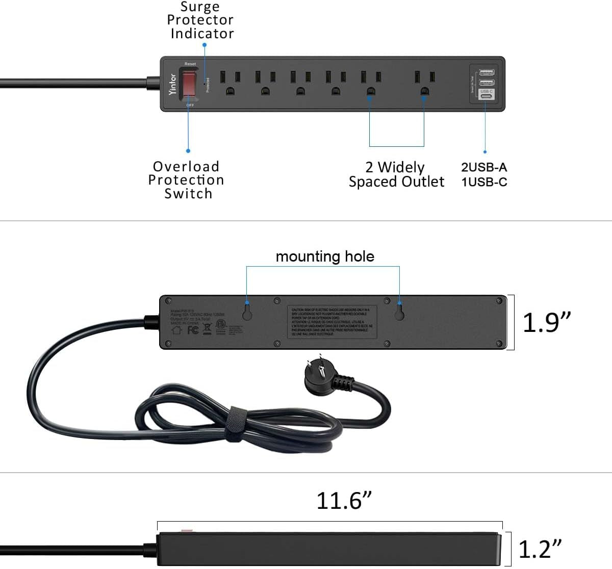 6Ft Power Strip Surge Protector with 6 AC Outlets and 3 USB Ports - Black - PREMA TIME