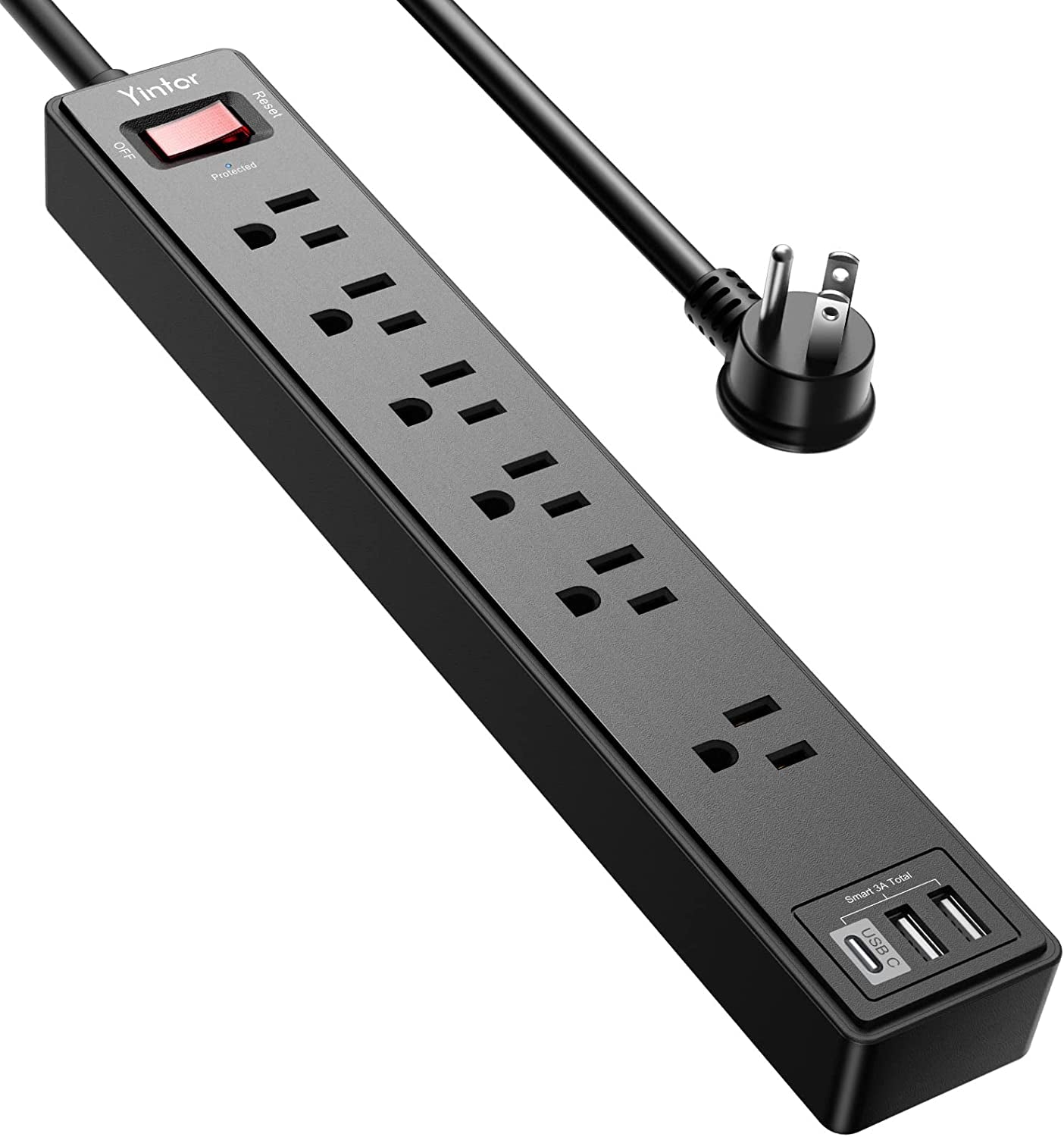 6Ft Power Strip Surge Protector with 6 AC Outlets and 3 USB Ports - Black - PREMA TIME