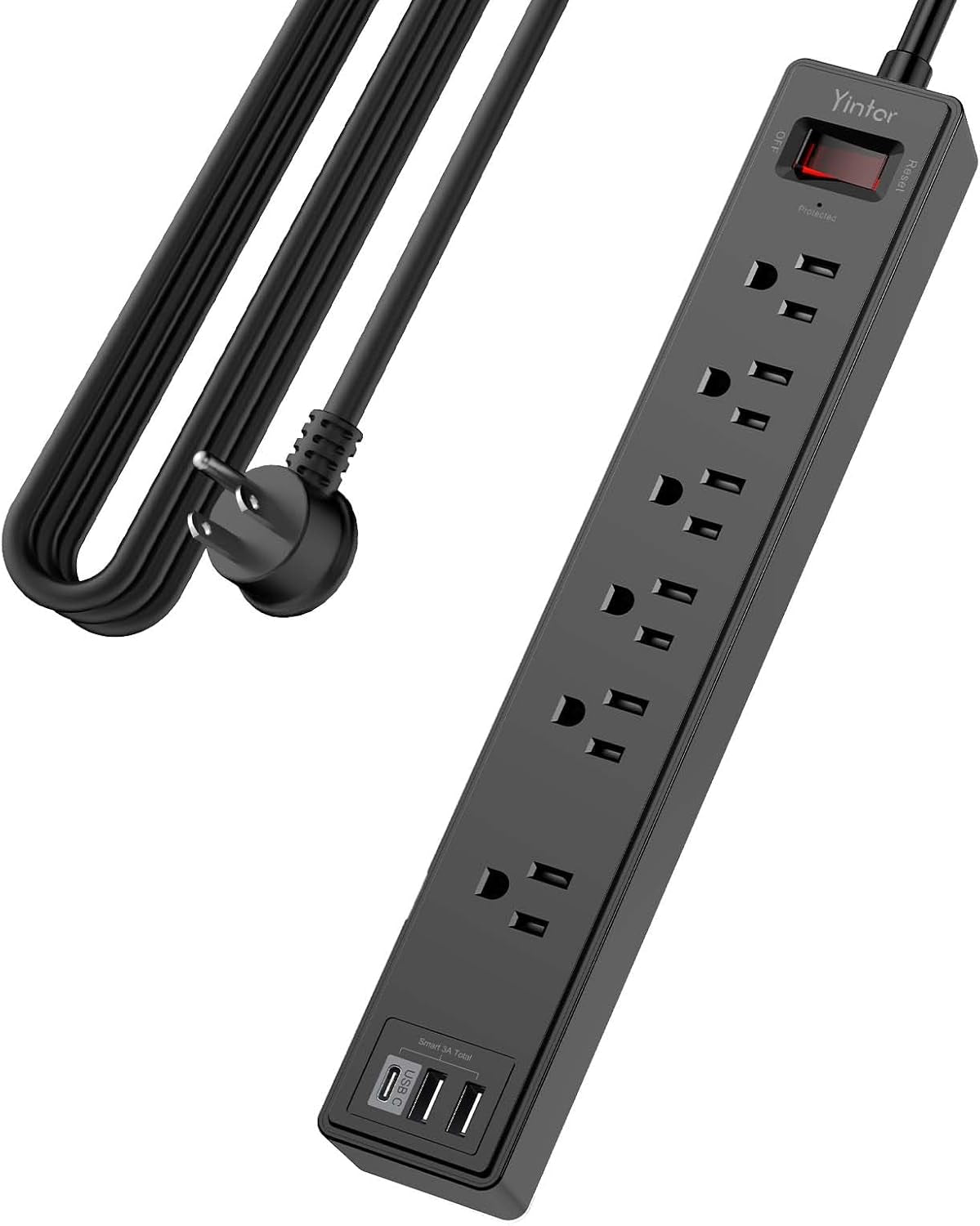 6Ft Power Strip Surge Protector with 6 AC Outlets and 3 USB Ports - Black - PREMA TIME