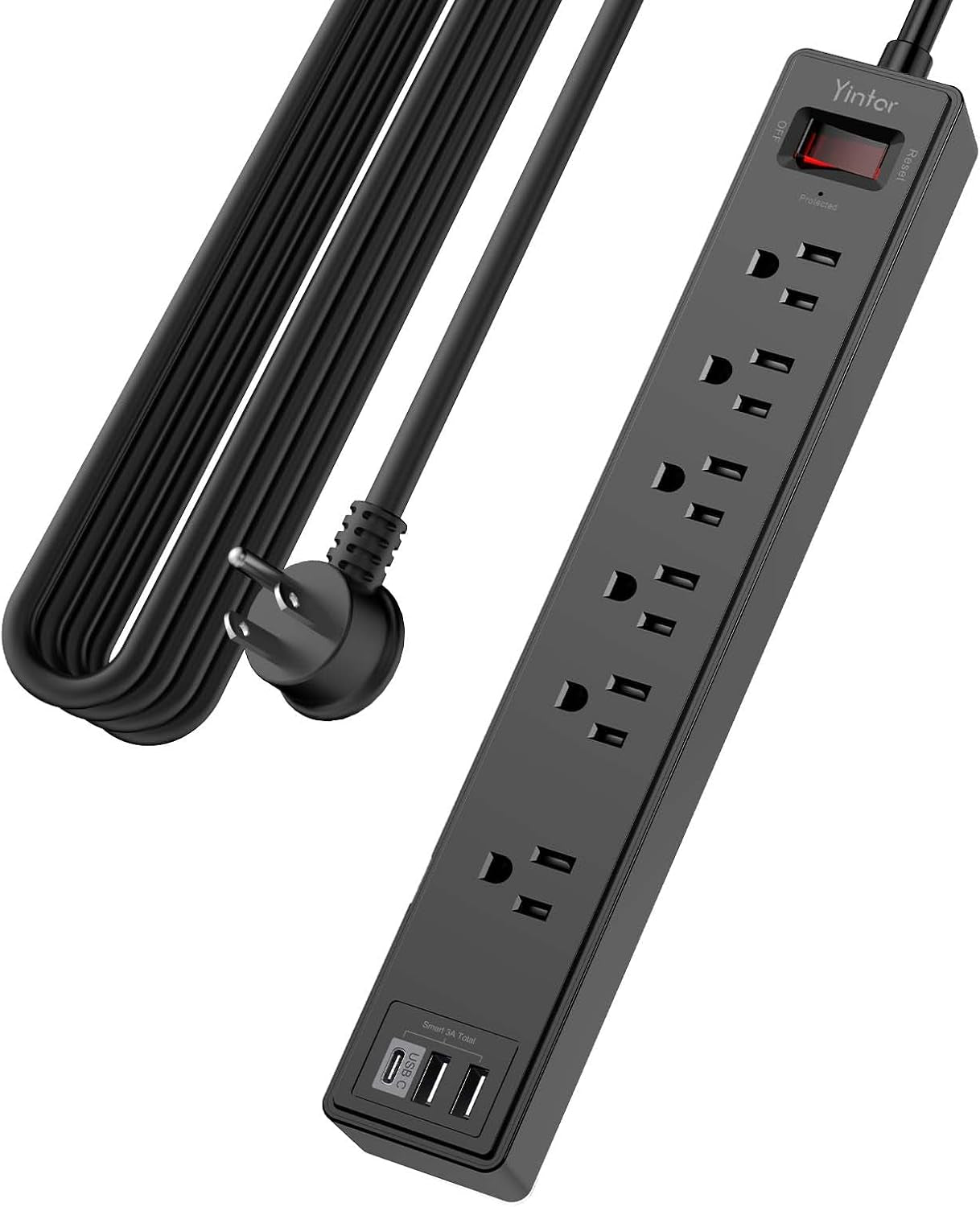 6Ft Power Strip Surge Protector with 6 AC Outlets and 3 USB Ports - Black - PREMA TIME