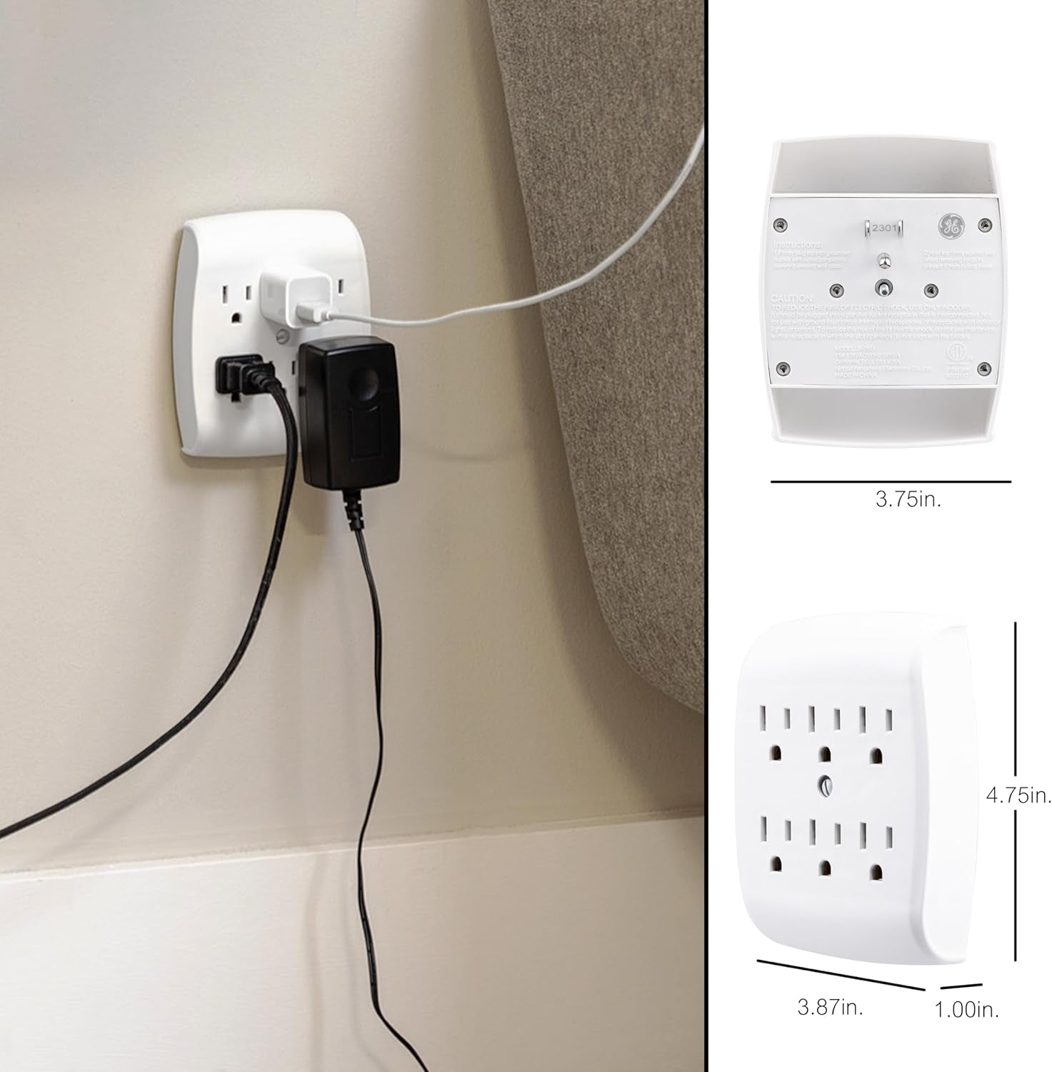 GE 6-Outlet Wall Tap Extender - Grounded Adapter & Charging Station - White | PREMA TIME - Prema Time