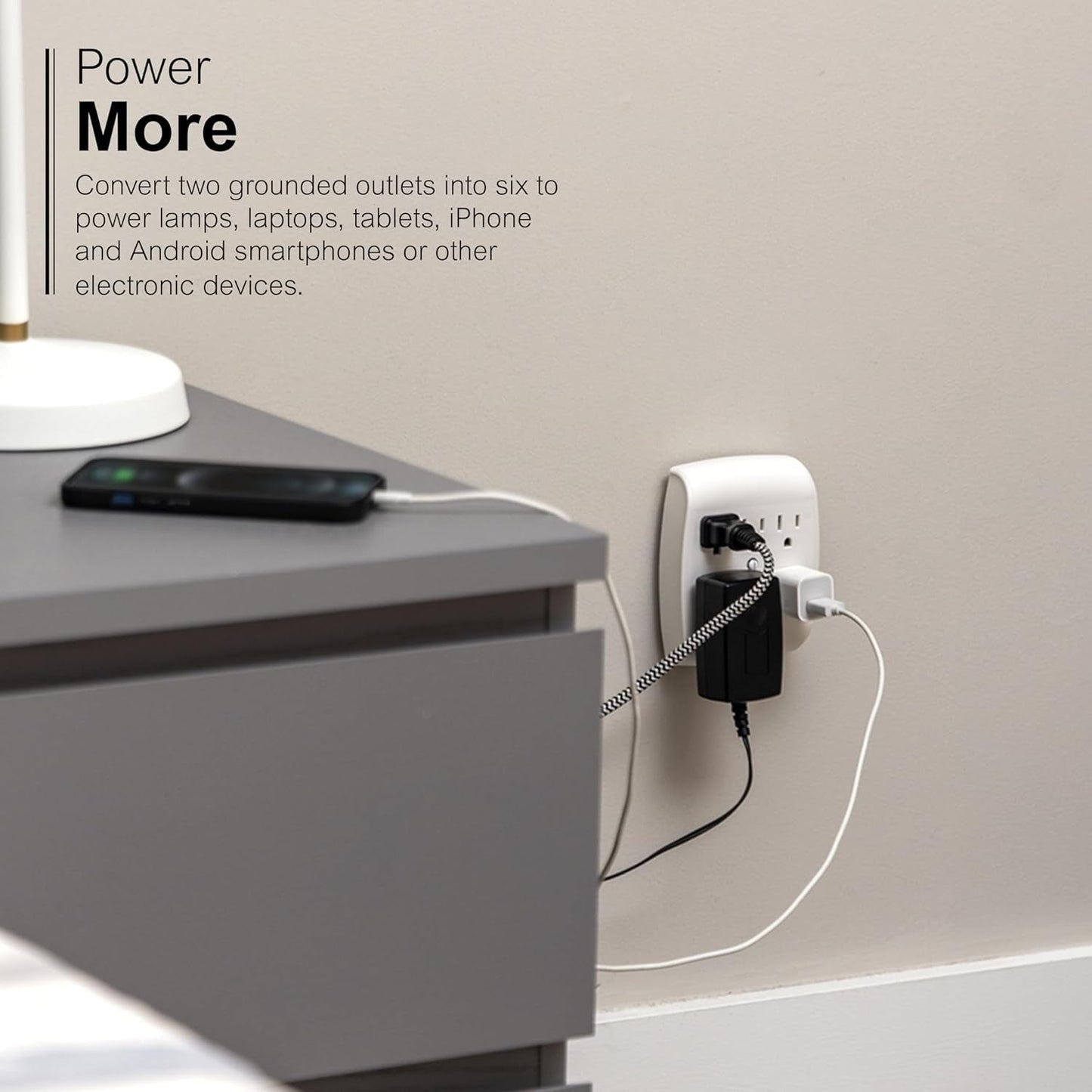 GE 6-Outlet Wall Tap Extender - Grounded Adapter & Charging Station - White | PREMA TIME - Prema Time