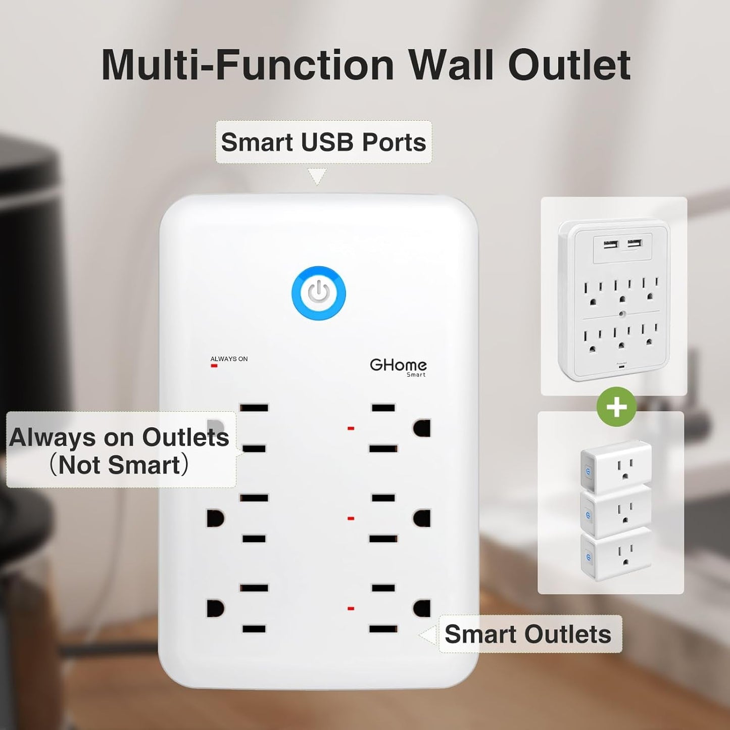 Smart Plug Extender with 3 USB Ports - Works with Alexa/Google Home - 15A 1800W - White - Prema Time