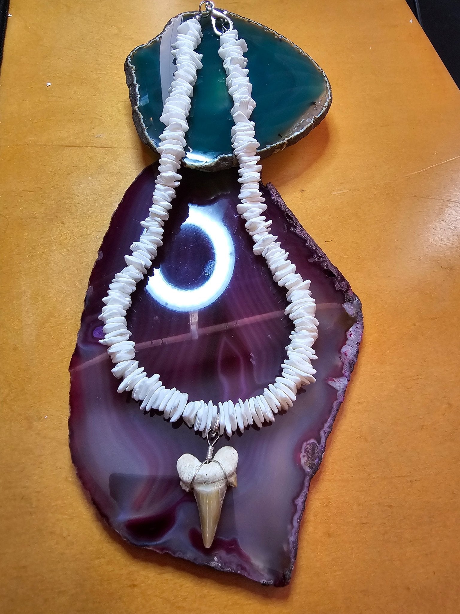 Hawaiian Puka Shell Necklace with Shark Tooth Pendant - Authentic White Shell Surfer Jewelry - PREMA TIME - Prema Time