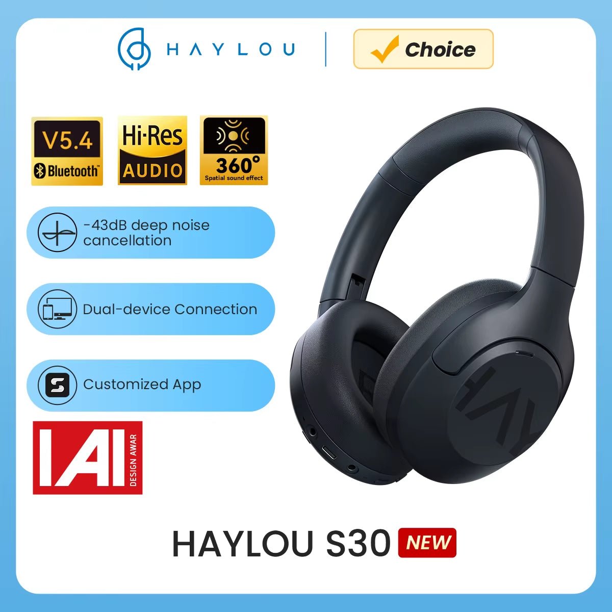 HAYLOU S30 ANC Bluetooth 5.4 Headphones - 43dB Noise Cancelling 80H Battery Hi - Res Audio - PREMA TIME - Prema Time