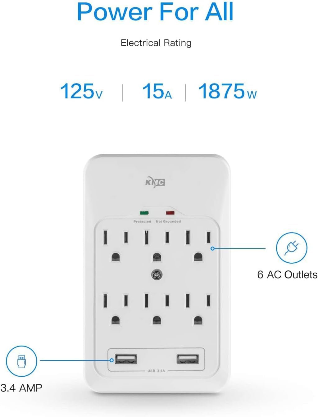 KMC 6 - Outlet Surge Protector 2 USB Ports 980 Joules White 2 - Pack | PREMA TIME - Prema Time