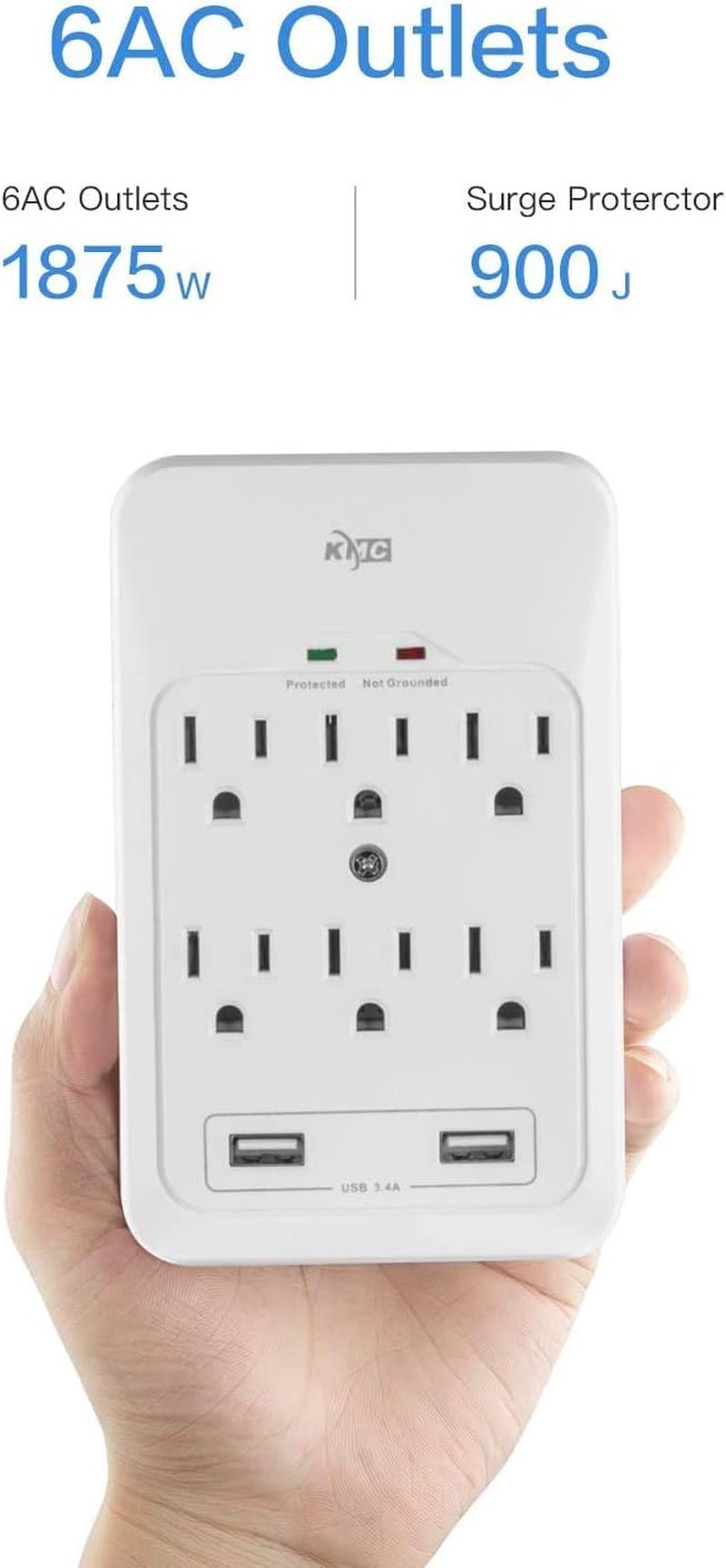 KMC 6 - Outlet Surge Protector 2 USB Ports 980 Joules White 2 - Pack | PREMA TIME - Prema Time