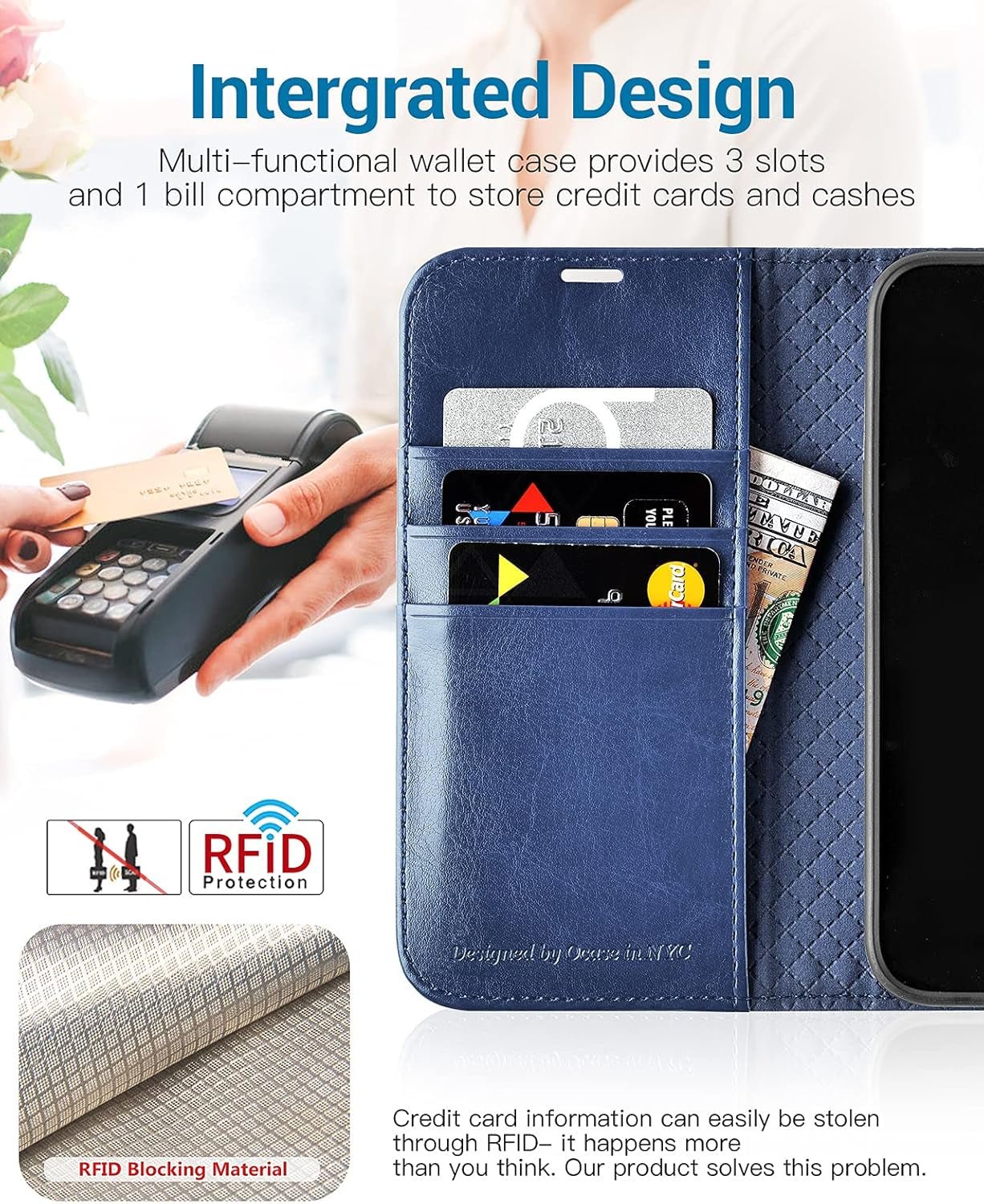 OCASE iPhone 13 Blue Wallet Case RFID Blocking Folio Kickstand - Prema Time