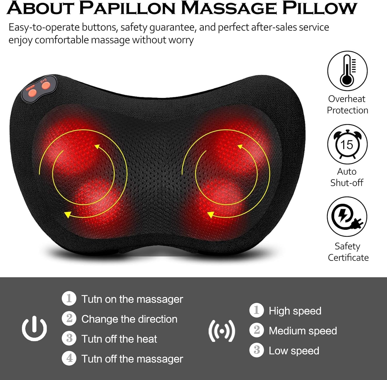 Papillon Shiatsu Massage Pillow - Heat Therapy for Deep Muscle Comfort - Prema Time