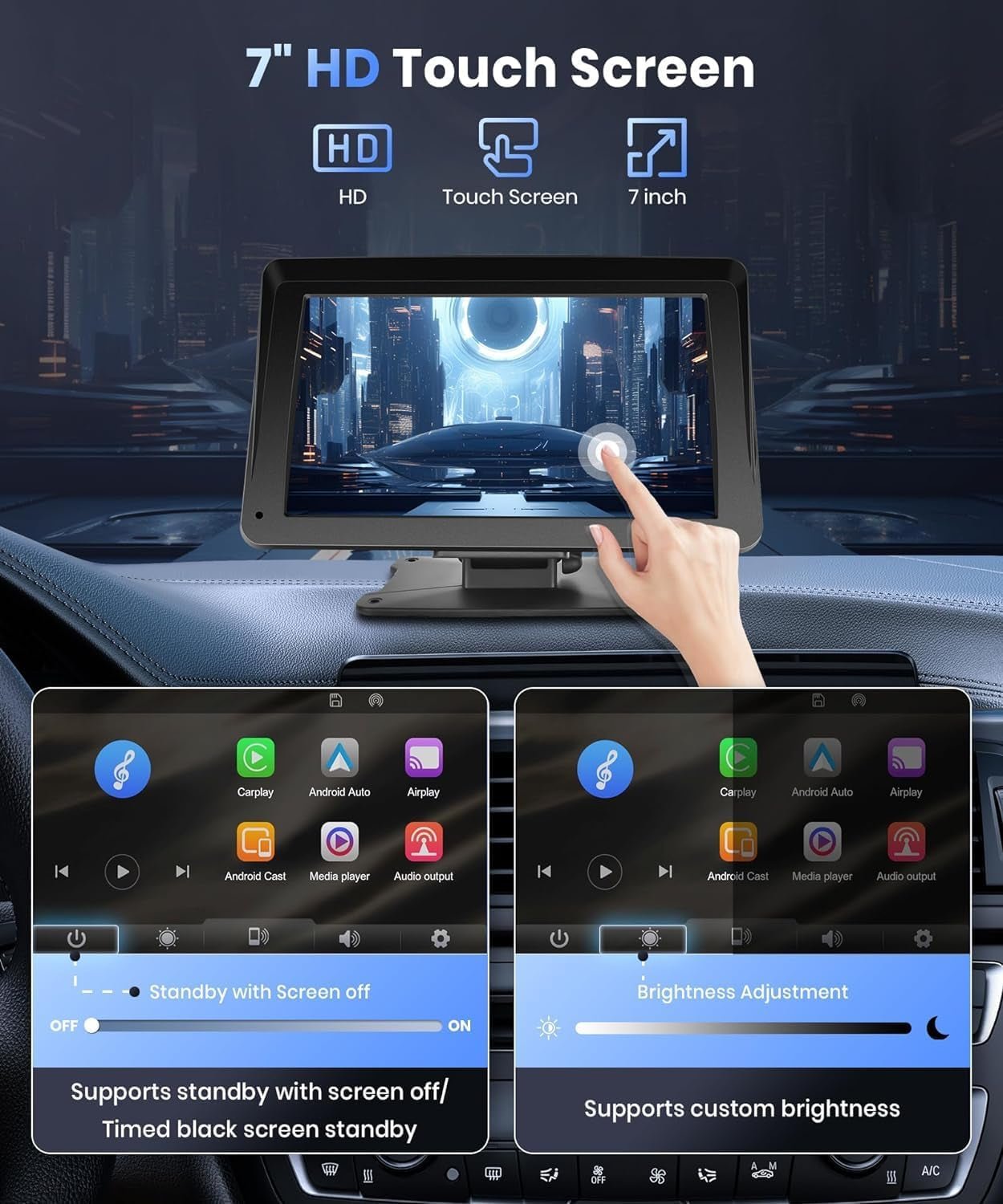 Podofo 7" Car Stereo with Wireless CarPlay & Android Auto - Prema Time