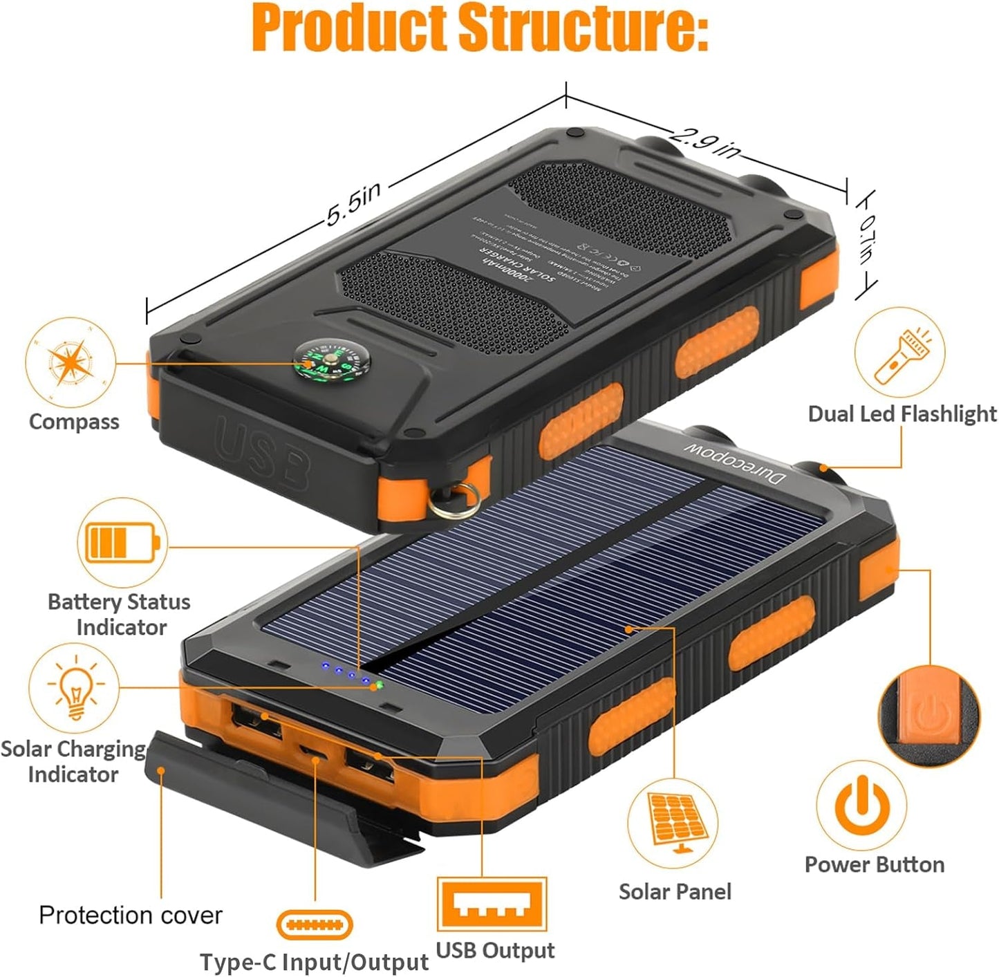 Solar Power Bank 20000mAh Waterproof - USB-C Charging Camping LED - PREMA TIME - Prema Time
