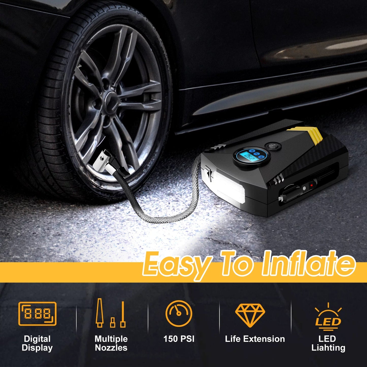 Qunler 12V Portable Tire Inflator Air Compressor with Fast Inflation & Digital Display - PREMA TIME - Prema Time