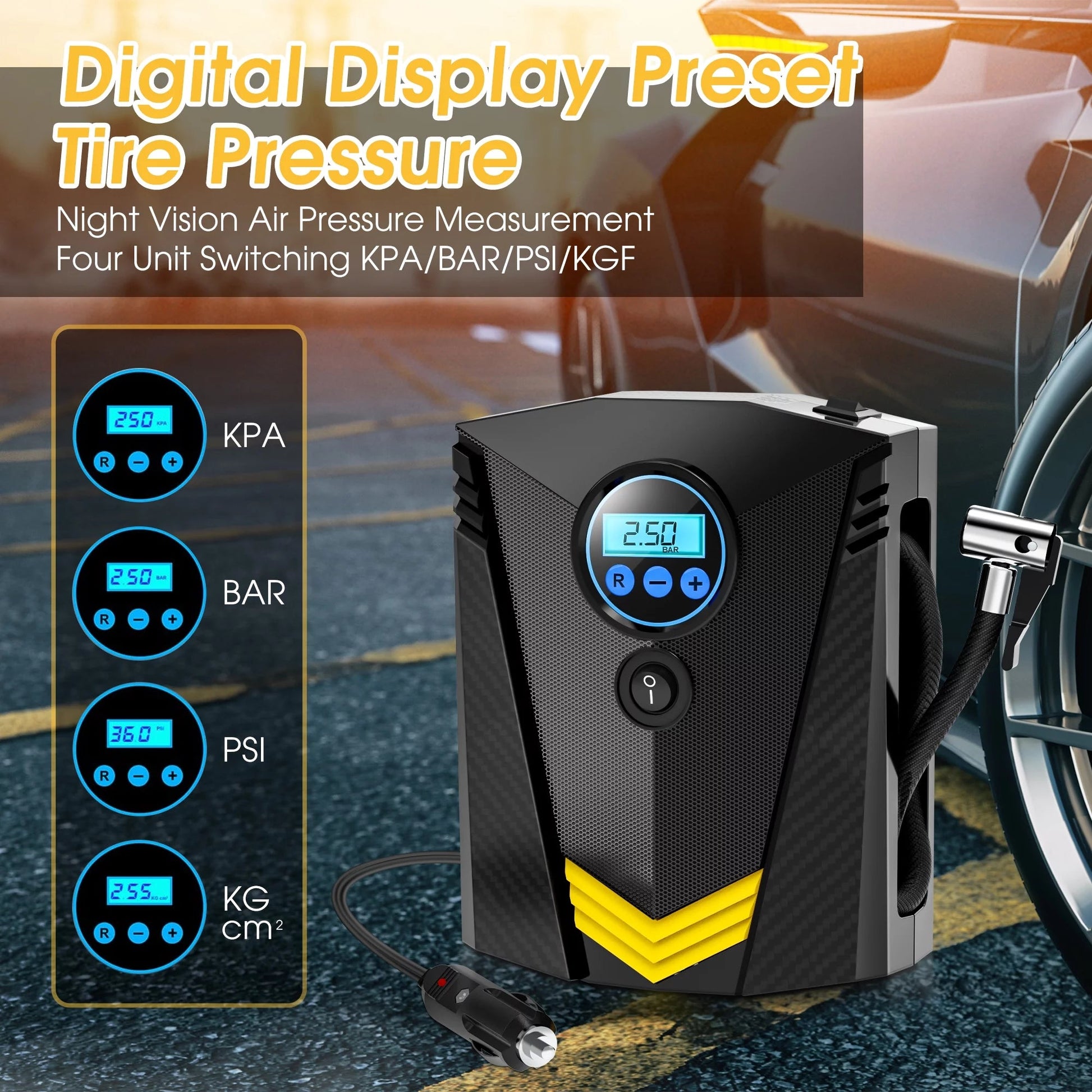 Qunler 12V Portable Tire Inflator Air Compressor with Fast Inflation & Digital Display - PREMA TIME - Prema Time