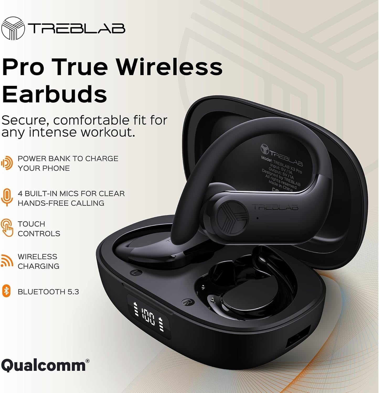 TREBLAB X3 Pro Workout Earbuds - Punchy Bass, 145H Playtime, IPX5 Waterproof, 2 Mics - Prema Time