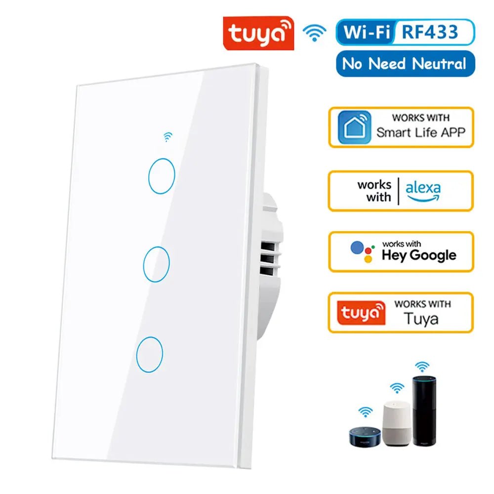 Tuya WiFi Smart Wall Switch RF433 - No Neutral Wire - Touch LED Light - Smart Home Alexa Google - Prema Time