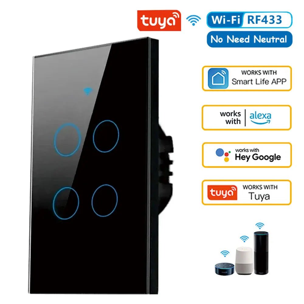 Tuya WiFi Smart Wall Switch RF433 - No Neutral Wire - Touch LED Light - Smart Home Alexa Google - Prema Time