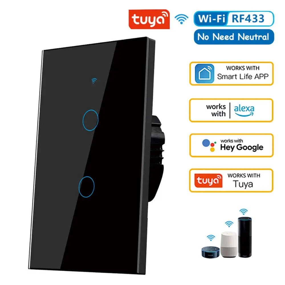 Tuya WiFi Smart Wall Switch RF433 - No Neutral Wire - Touch LED Light - Smart Home Alexa Google - Prema Time