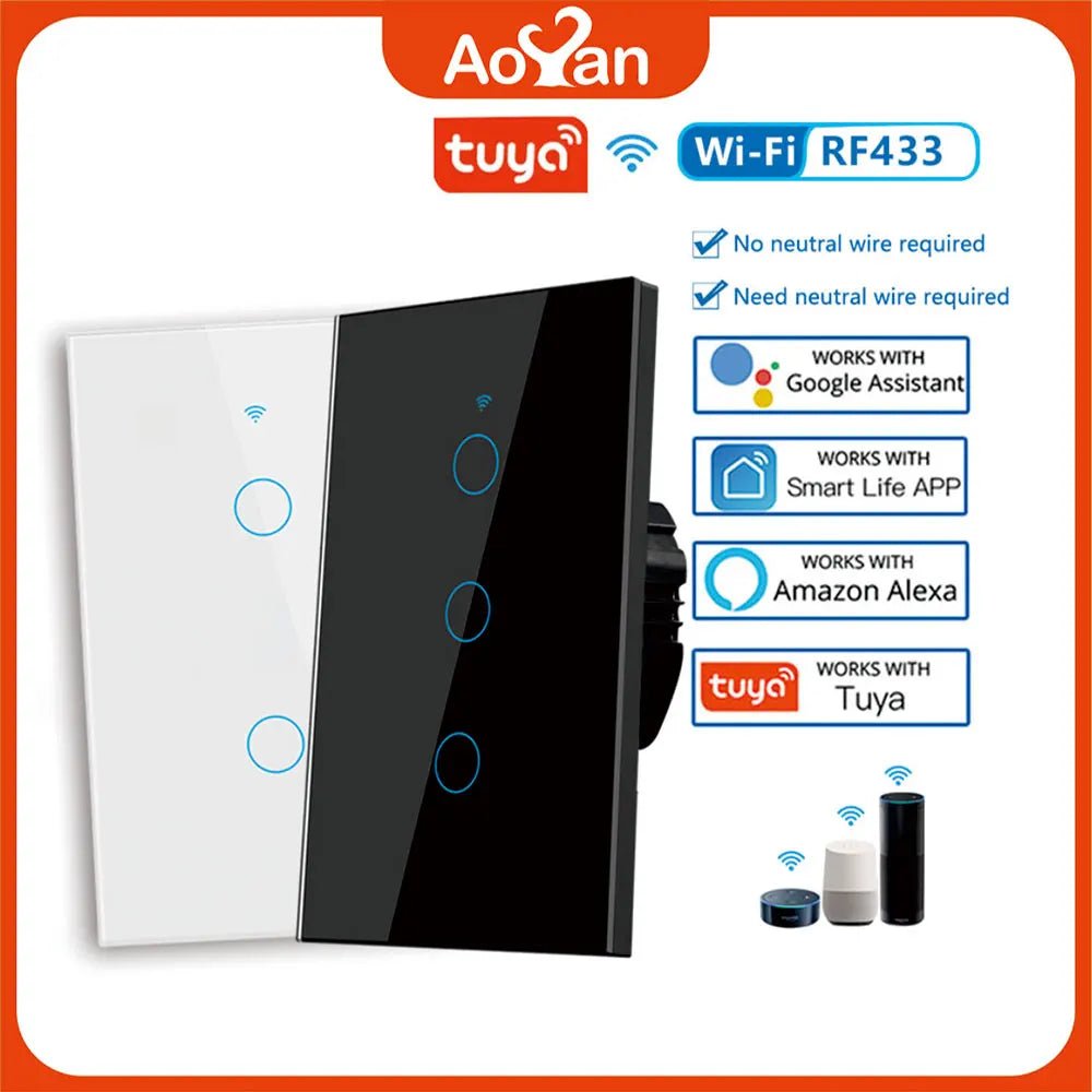 Tuya WiFi Smart Wall Switch RF433 - No Neutral Wire - Touch LED Light - Smart Home Alexa Google - Prema Time