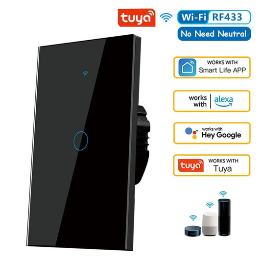 Tuya WiFi Smart Wall Switch RF433 - No Neutral Wire - Touch LED Light - Smart Home Alexa Google - Prema Time