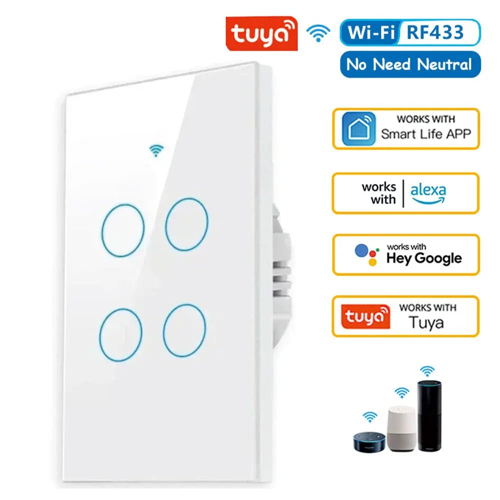 Tuya WiFi Smart Wall Switch RF433 - No Neutral Wire - Touch LED Light - Smart Home Alexa Google - Prema Time