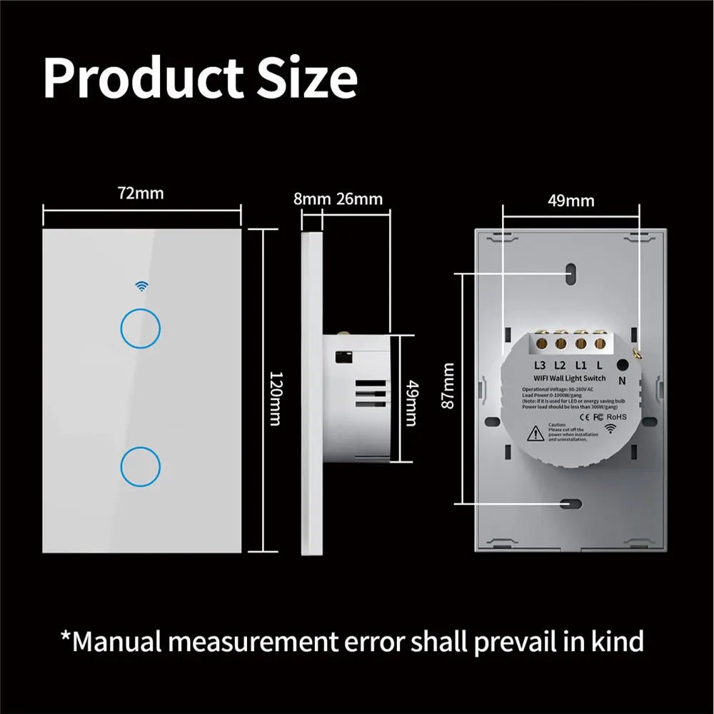 Tuya WiFi Smart Wall Switch RF433 - No Neutral Wire - Touch LED Light - Smart Home Alexa Google - Prema Time