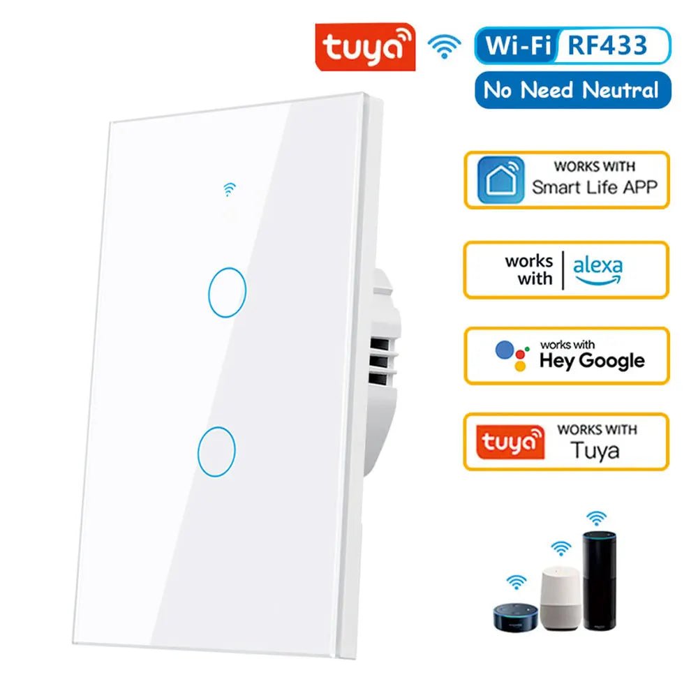 Tuya WiFi Smart Wall Switch RF433 - No Neutral Wire - Touch LED Light - Smart Home Alexa Google - Prema Time
