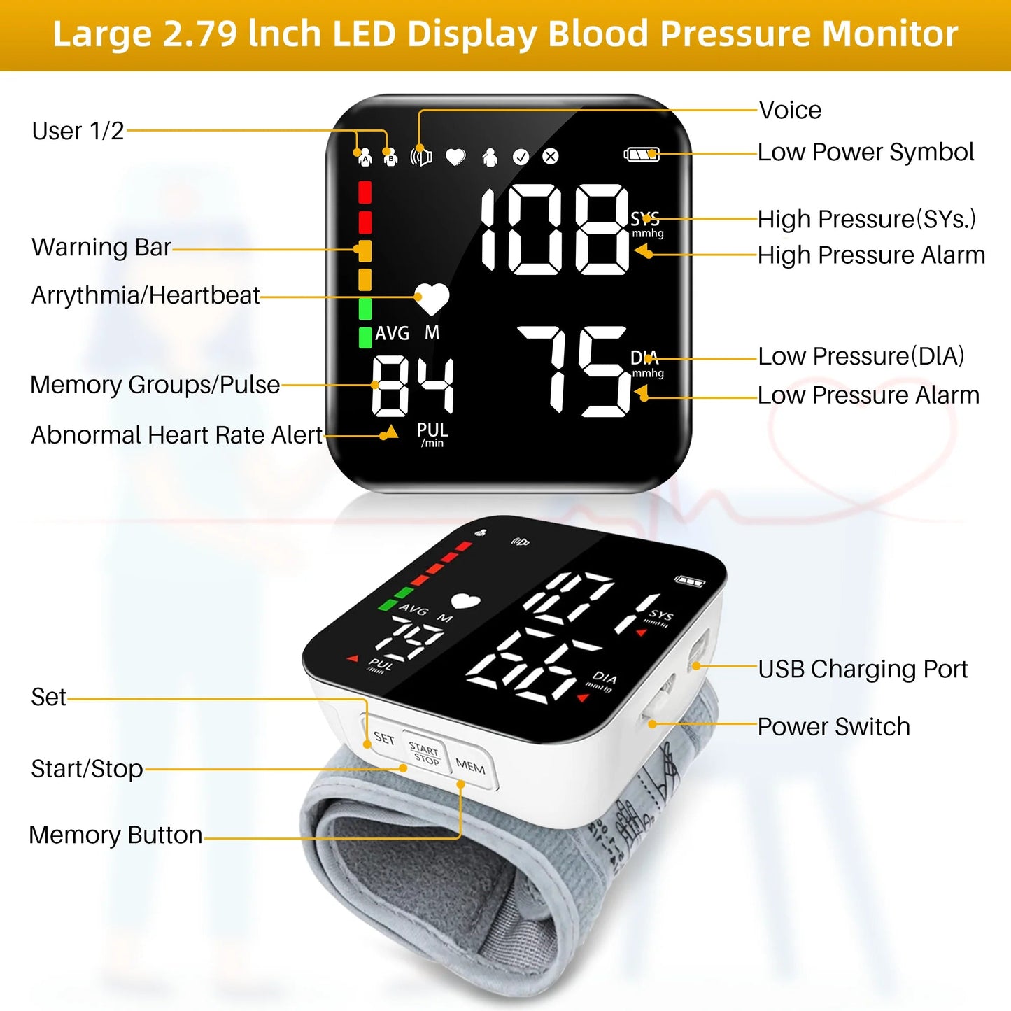 VIIWII Automatic Wrist Blood Pressure Monitor Adjustable Cuff LCD Display Rechargeable Home Use - PREMA TIME - Prema Time