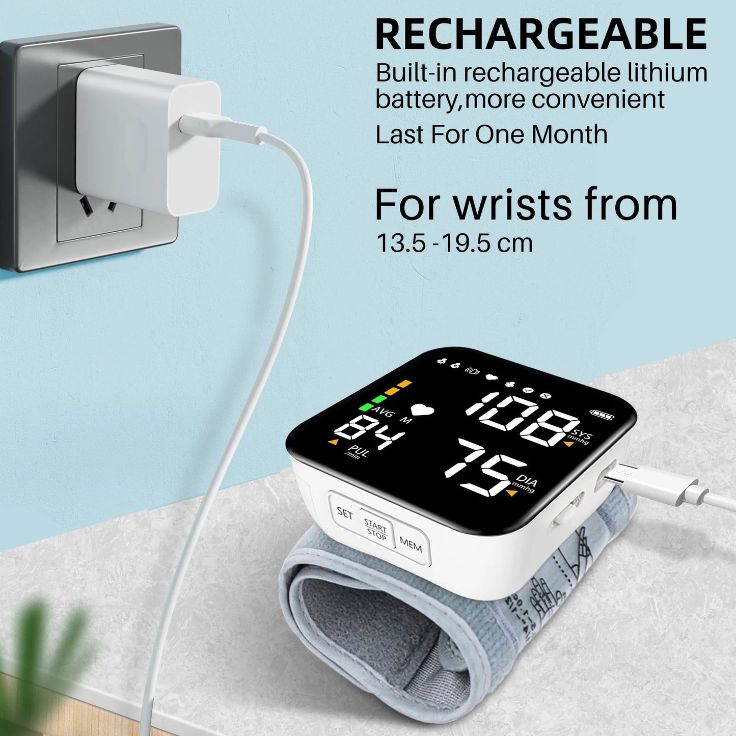 VIIWII Automatic Wrist Blood Pressure Monitor Adjustable Cuff LCD Display Rechargeable Home Use - PREMA TIME - Prema Time